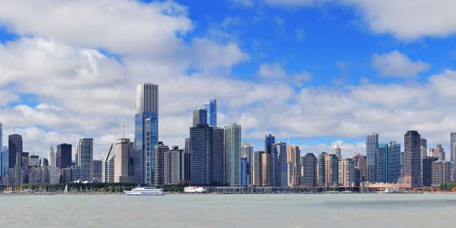 Chicago skyline featuring modern downtown office buildings