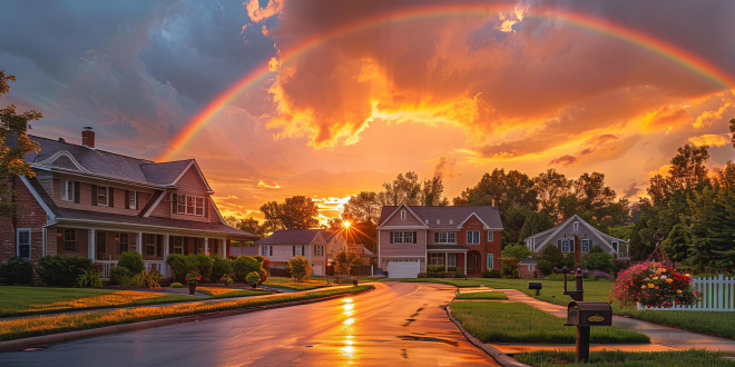 Classic suburban family home with a spacious green lawn and driveway.