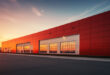 Modern industrial warehouse exterior with loading docks and semi-trucks, illustrating warehouses to rent for logistics.