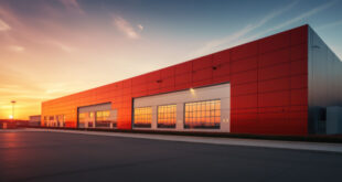 Modern industrial warehouse exterior with loading docks and semi-trucks, illustrating warehouses to rent for logistics.