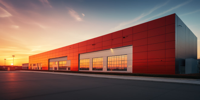Modern industrial warehouse exterior with loading docks and semi-trucks, illustrating warehouses to rent for logistics.
