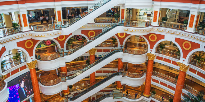 An aerial view showcasing the vast scale of the biggest shopping mall of the world, highlighting its extensive Gross Leasable Area.