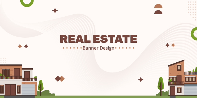 A composite image showcasing diverse real estate banner design types, including physical yard signs in a US neighborhood and digital online advertisements, highlighting their broad marketing reach.
